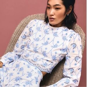 Aqua Eyelet Puff-Sleeve Crop Blue Floral Embroidered Cotton Blouse S